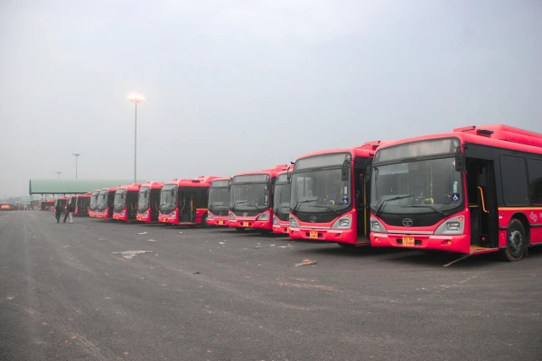 A row of red buses parked at a Delhi bus depot, showcasing the city's efficient public transportation system, with a hazy sky and a green canopy in the background.