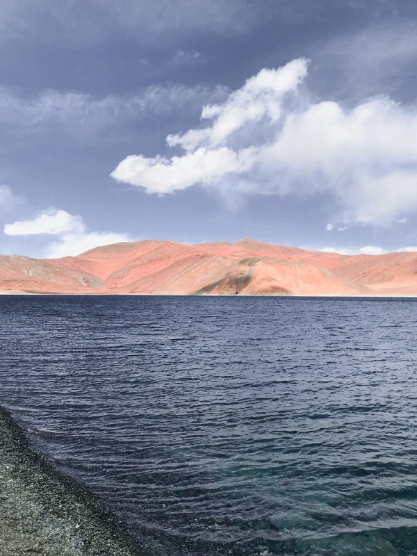 Scenic view of Pangong Lake with clear blue water and barren mountains in Ladakh, India