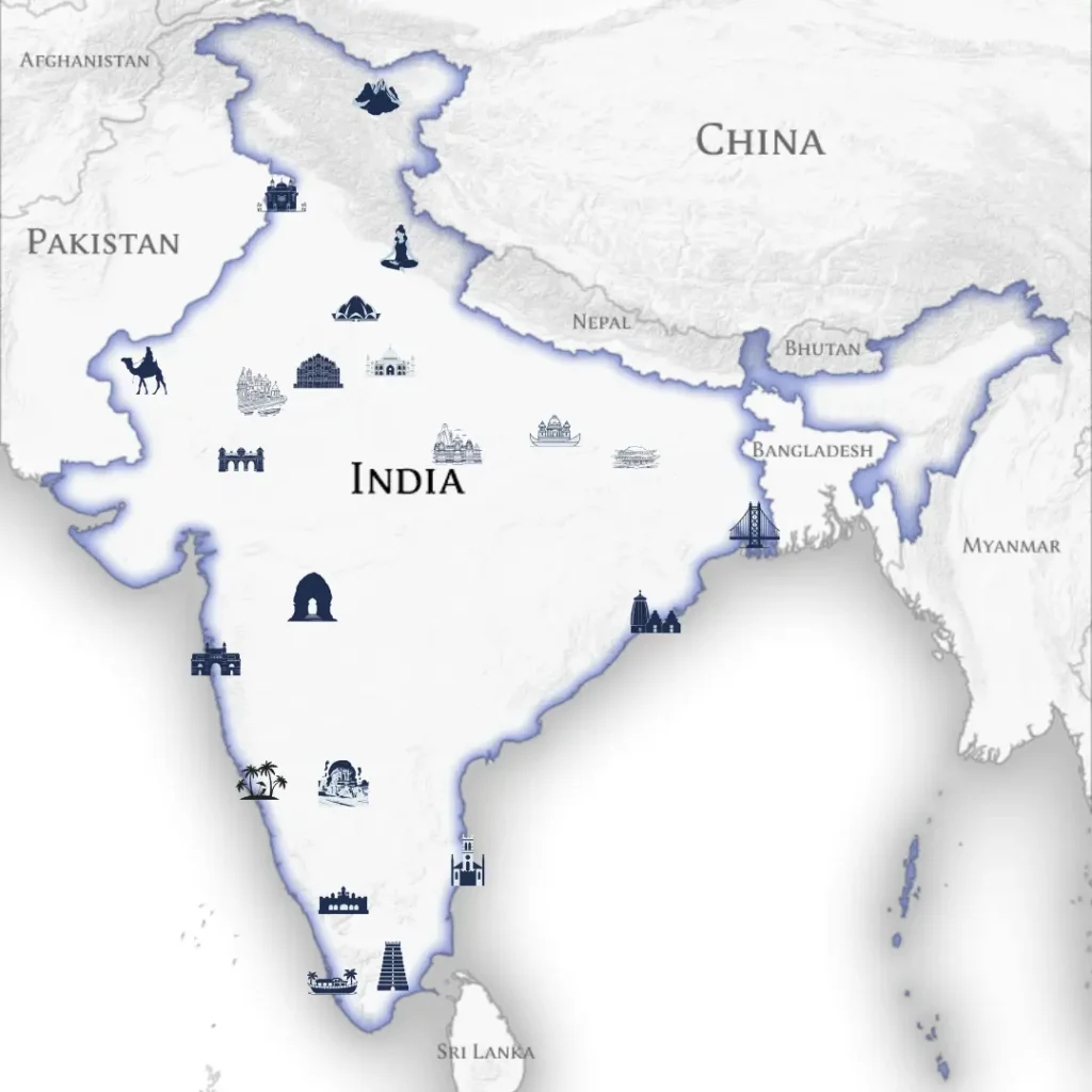 Map of India highlighting BagTagGo’s top travel destinations for tourists.